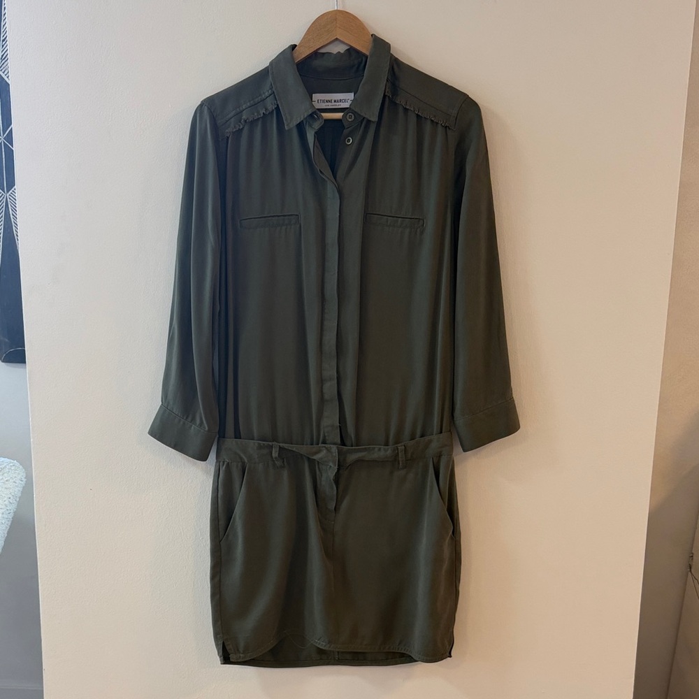 NWOT - Olive Green Shirt mini Dress with drop Waist - L